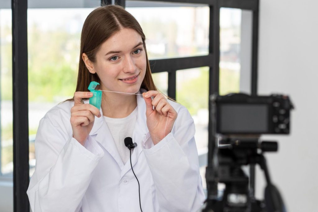 Dentist explainer video production in Houston featuring a dental professional demonstrating flossing technique on camera.