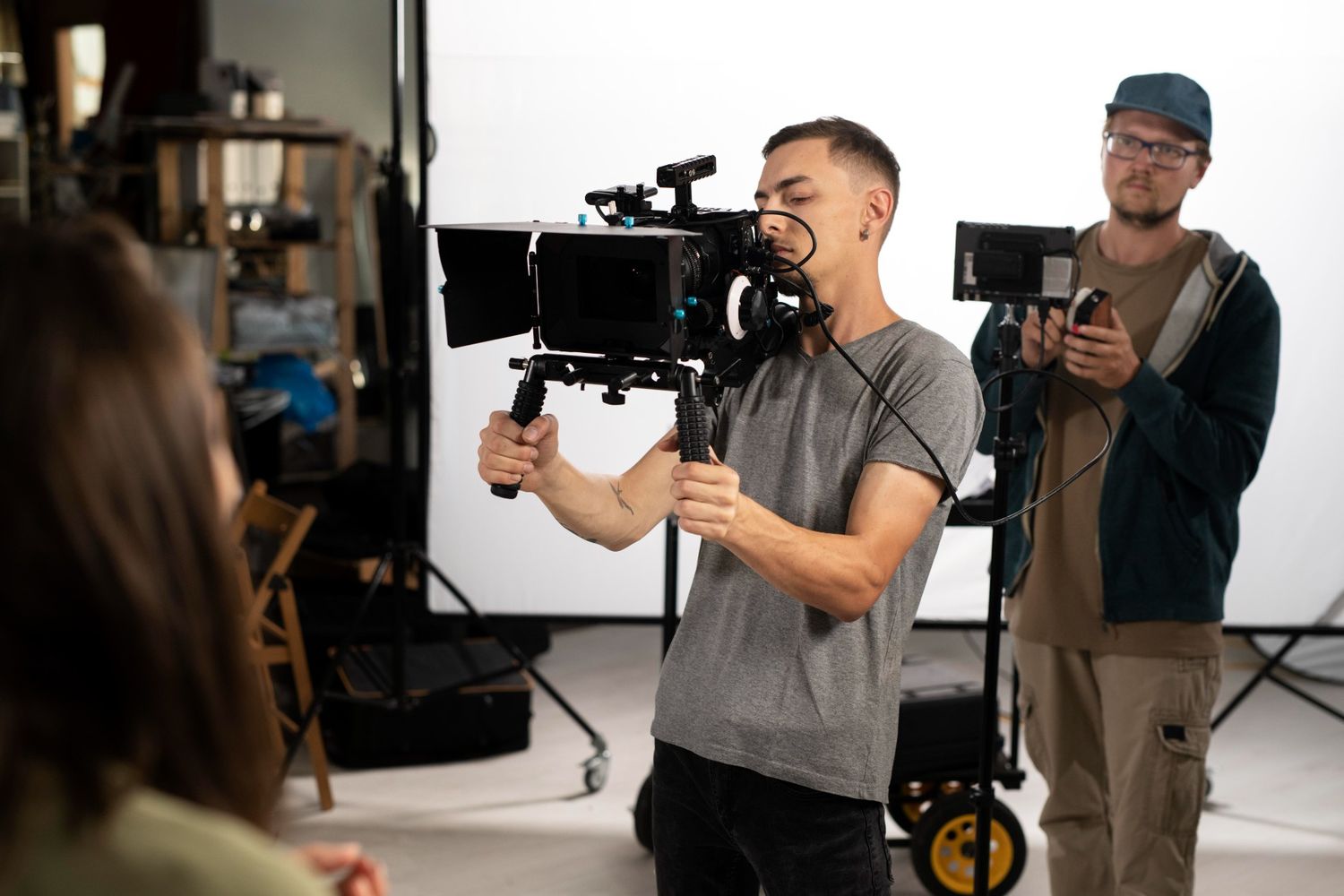 Dentist explainer video production in Houston with a crew filming a professional shoot using advanced camera equipment.