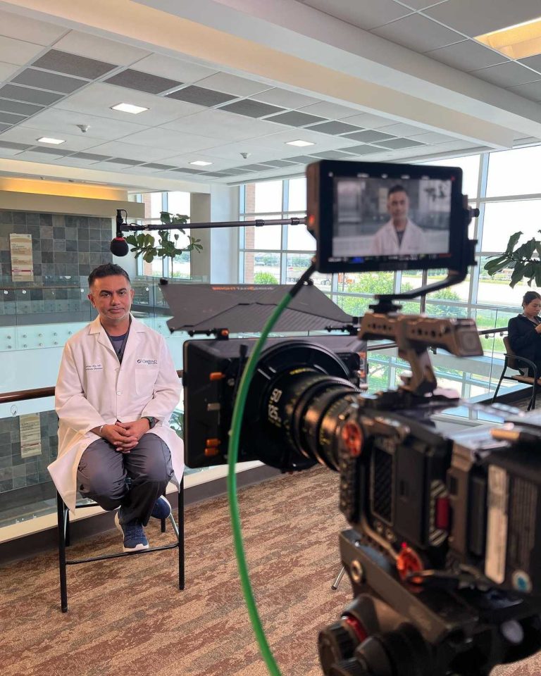Professional crew filming a dentist for dental video production in Houston, showcasing expertise in a modern clinic setting.