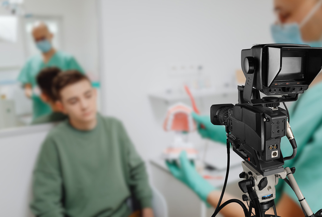 Close-up of camera capturing the best features for your engaging Dental Office Tour Video Houston.