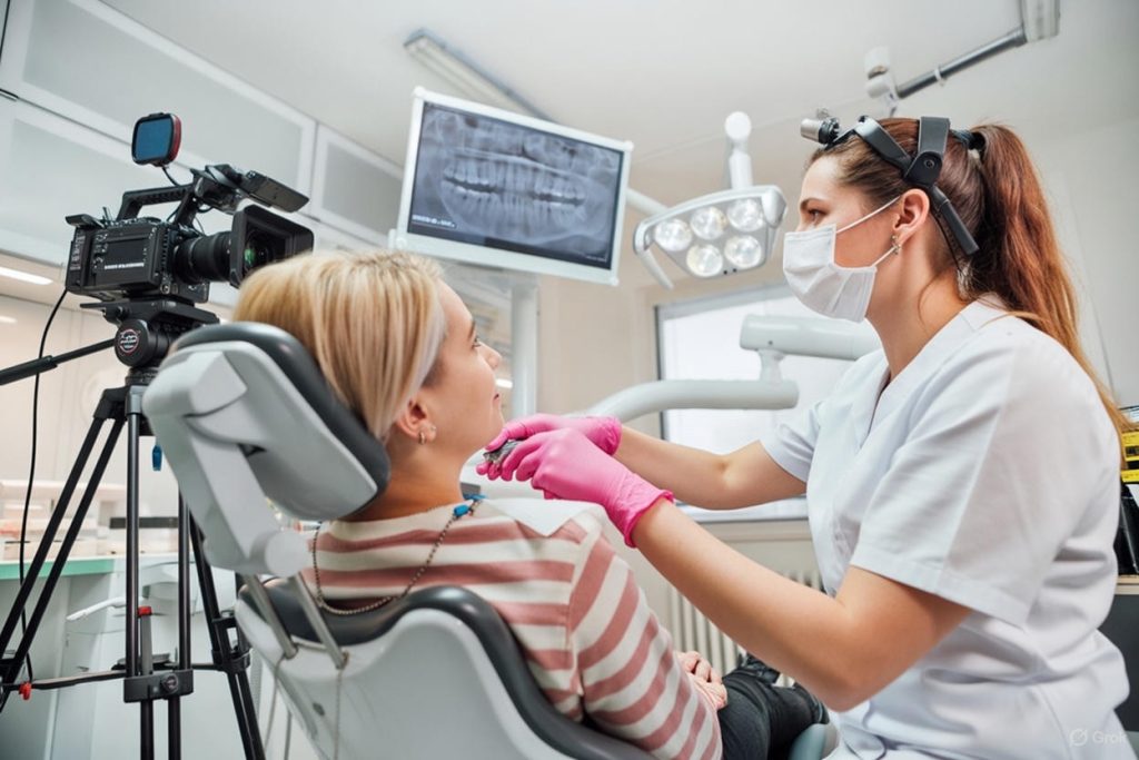 Experienced female dentist performing oral exam on patient with digital X-ray display during high-quality dental video production in Houston.