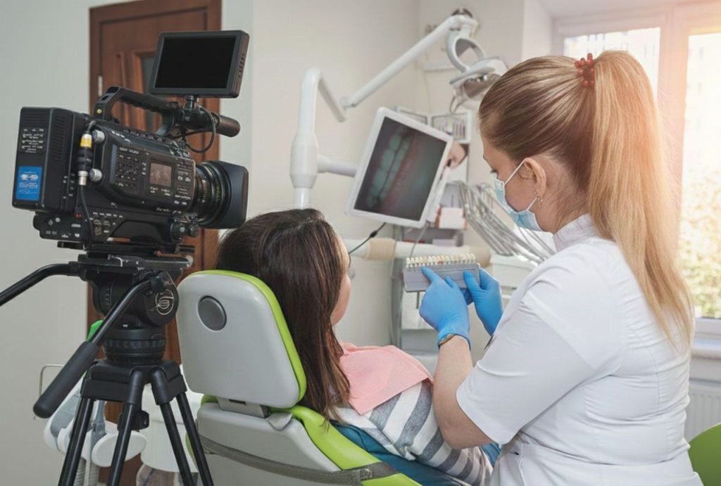 Professional video camera capturing dentist presenting tooth color shades to patient for dental promotional video in Houston.