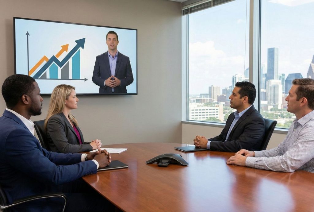 Corporate Video Production Houston team filming business meeting with growth charts and remote presenter.