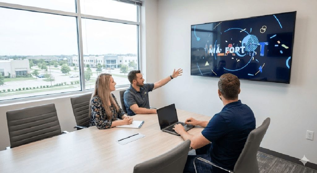 Business team in modern conference room reviewing dynamic corporate video presentation on large screen, premium production from our corporate video production company Houston.