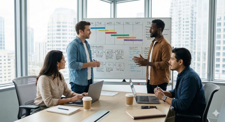 Creative team brainstorming storyboard and production timeline in meeting room at corporate video production agency Houston office.