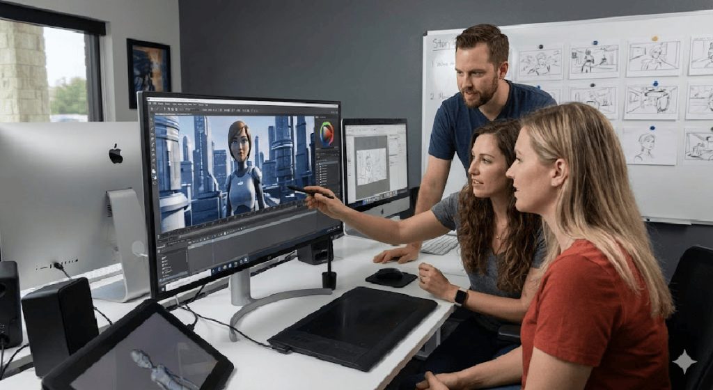 Creative team collaborating on animated character scene at multi-monitor workstation, high-quality storytelling by our corporate video production company Houston.