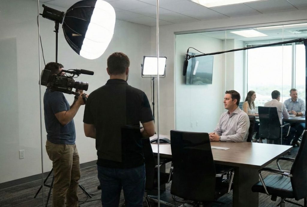 Corporate Video Production Houston crew filming business promo with stabilizer camera in bright office space