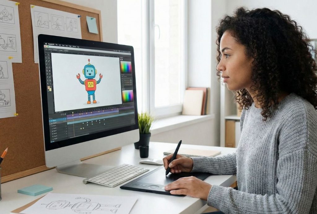 Corporate Video Production Houston editing animated robot character using stylus and storyboard sketches.