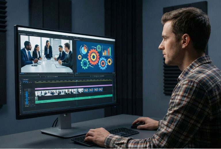 Corporate Video Production Houston editor working on dual monitors with business meeting footage and charts.