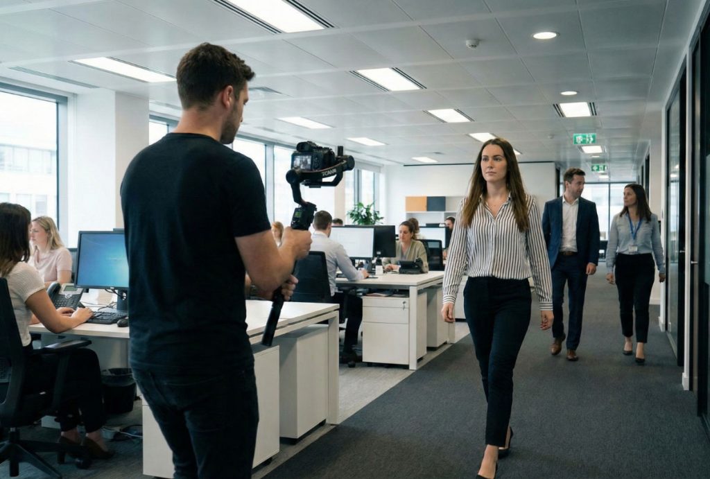 Corporate Video Production Houston filming office scene with dolly-mounted camera and boom mic in action.