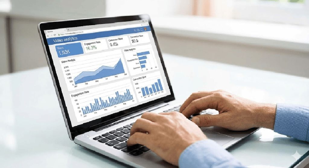 Hands typing on laptop displaying detailed video analytics dashboard with engagement graphs, expert insights by our corporate video production company Houston.