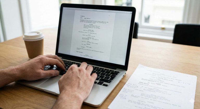 Hands typing screenplay on laptop with printed notes nearby in focused workspace at corporate video production agency Houston, crafting compelling video scripts.