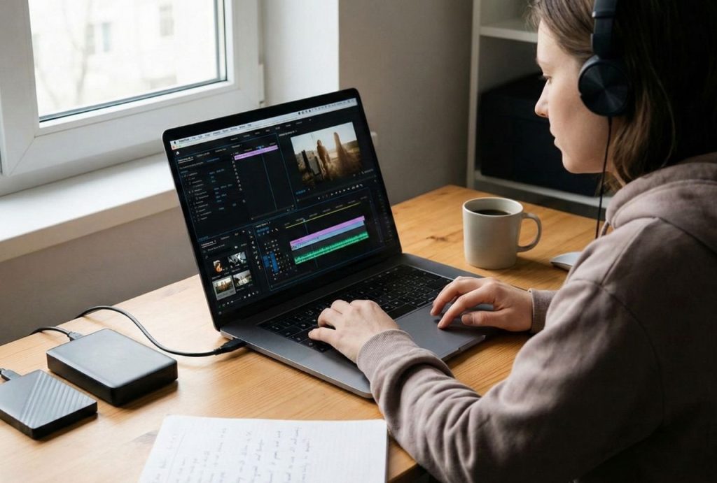 A person editing video footage on a laptop using professional software for a film production Houston project.