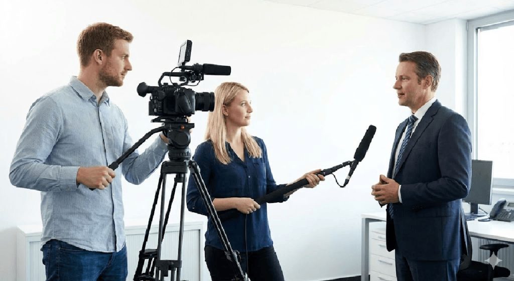 Professional film crew capturing executive interview in modern office with camera and boom mic, top services from our corporate video production company Houston.