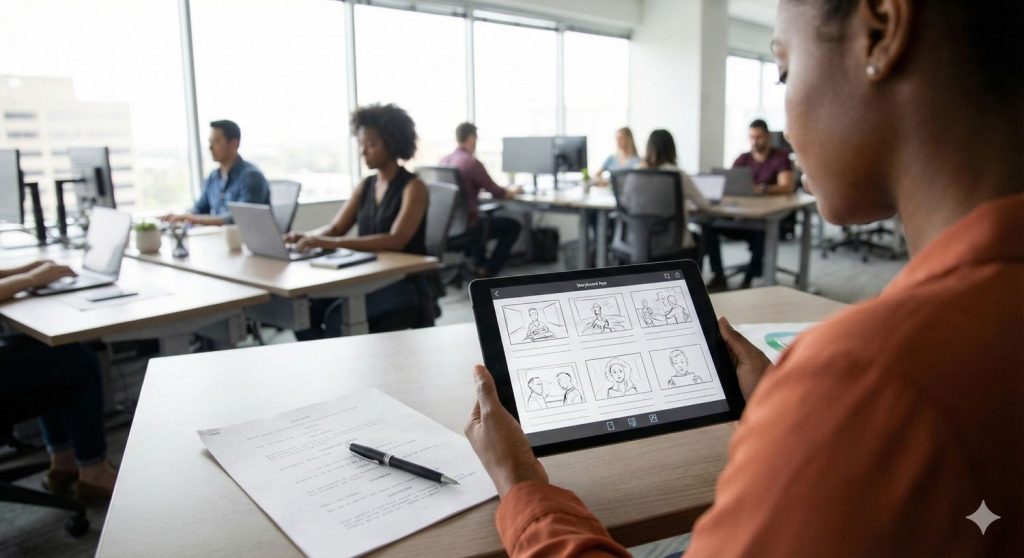 Professional reviewing digital storyboards on tablet in collaborative office at corporate video production agency Houston, with team working in background for creative projects.