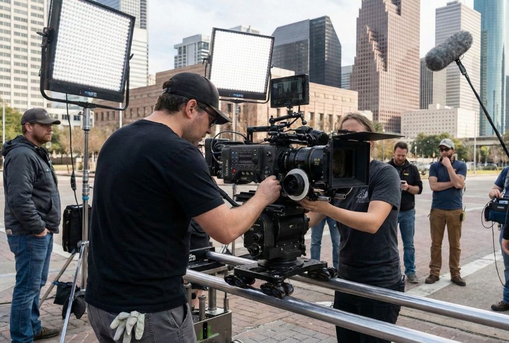 Film production company Houston crew filming with professional camera gear and lighting on a city street with the Houston skyline.