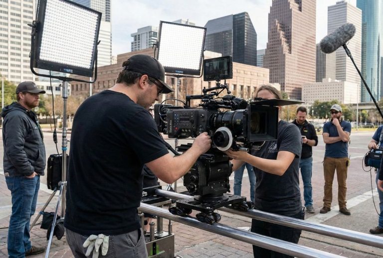 Film production company Houston crew filming with professional camera gear and lighting on a city street with the Houston skyline.