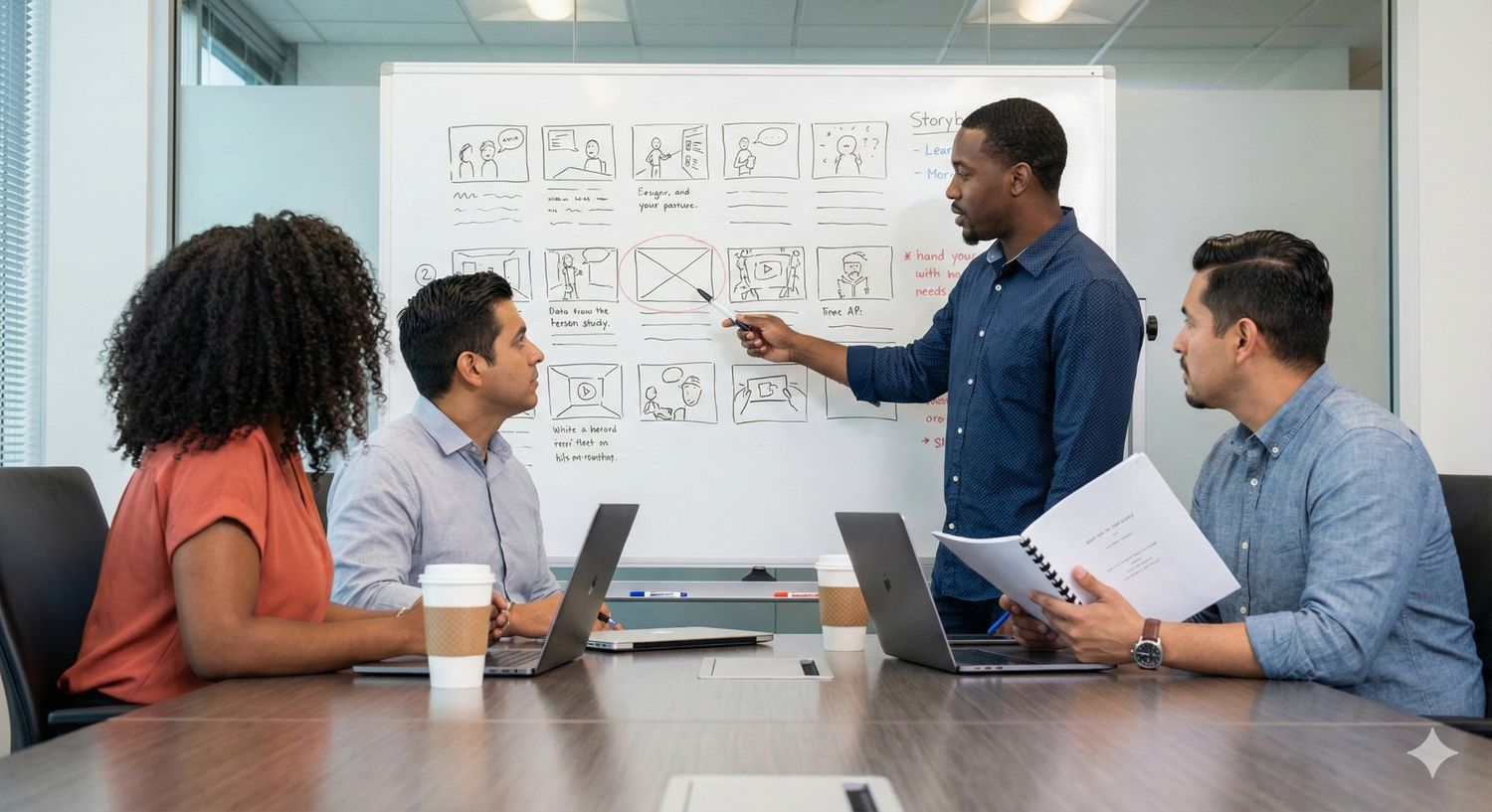 Team collaborating on storyboard sketches during meeting at whiteboard in modern office of corporate video production agency Houston, discussing video concepts.