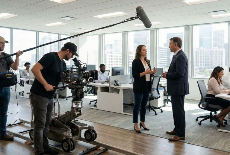 Corporate Video Production Houston team filming office interview with lights, camera, and boom mic setup.