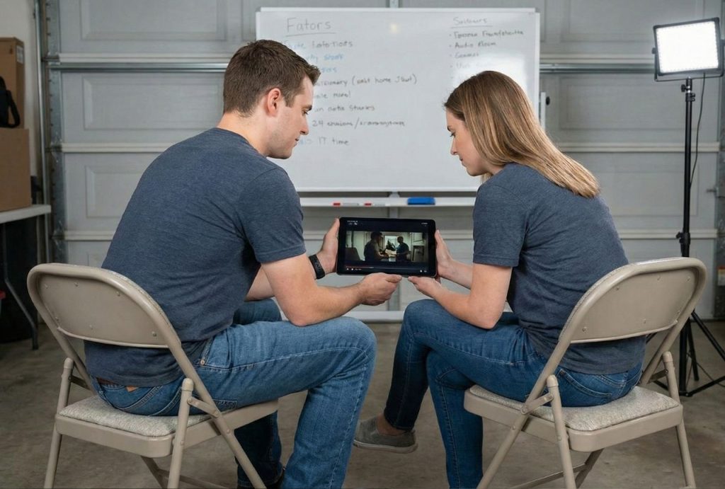 Two people from a film production Houston team reviewing video footage on a tablet in a studio setting.
