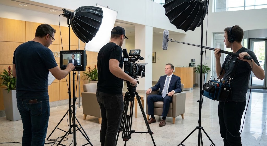 Behind-the-scenes of a corporate video production agency Houston crew filming a professional interview with a client.