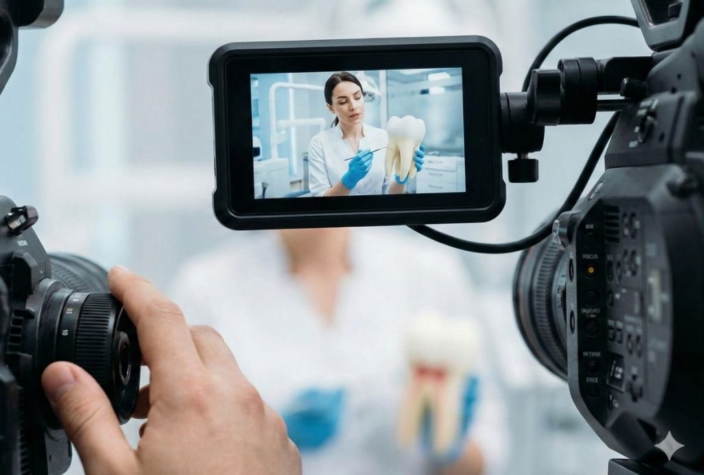 A camera monitor shows a dentist with a tooth model, filming a scene for dental procedure explainer videos for a Houston clinic.