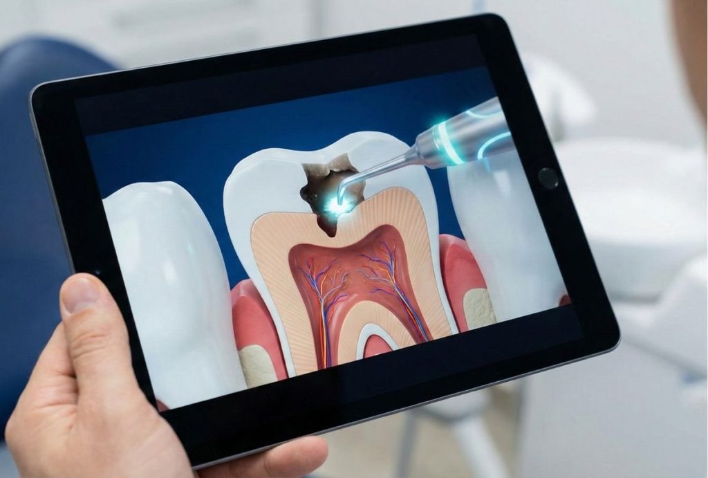 Close-up of a dentist explainer video production Houston showing a 3D dental animation on a handheld tablet device.