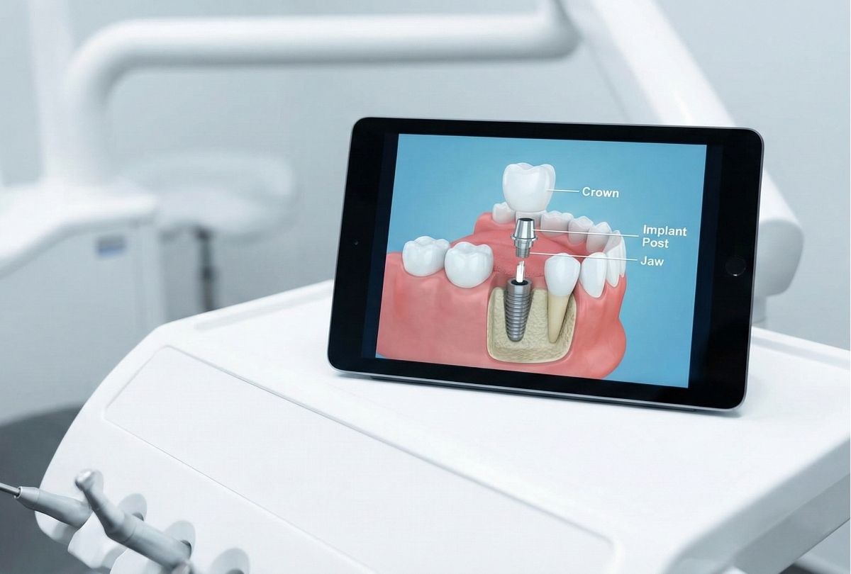 A close-up view of a tablet displaying a detailed dental implant animation, a key part of dental procedure explainer videos Houston.