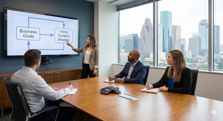 A corporate video production agency Houston team in a strategy meeting, linking business goals to video content on a screen.