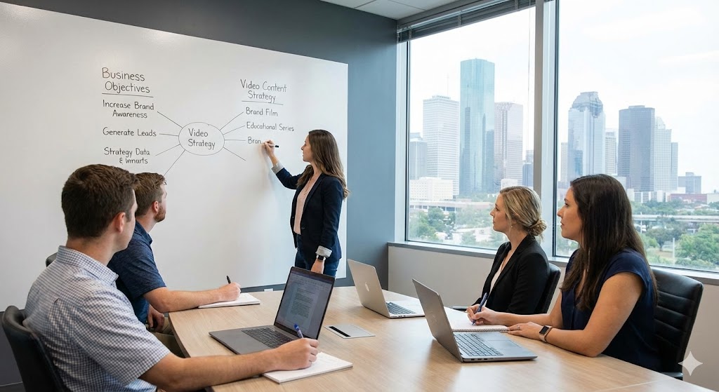 A corporate video production agency Houston team in a meeting, outlining business objectives on a whiteboard.

