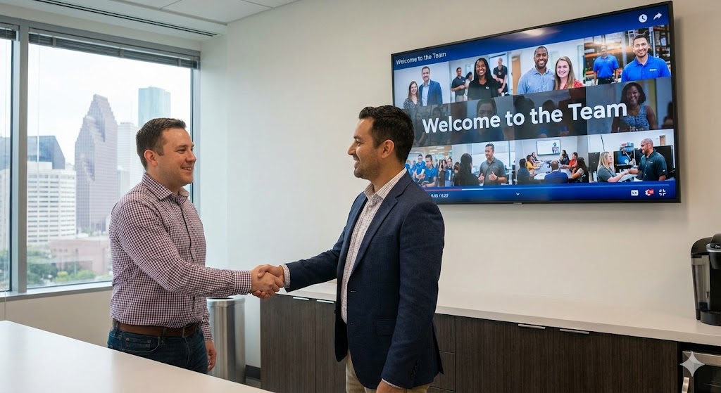 A corporate video production company houston films a handshake scene in a modern office overlooking the city skyline.