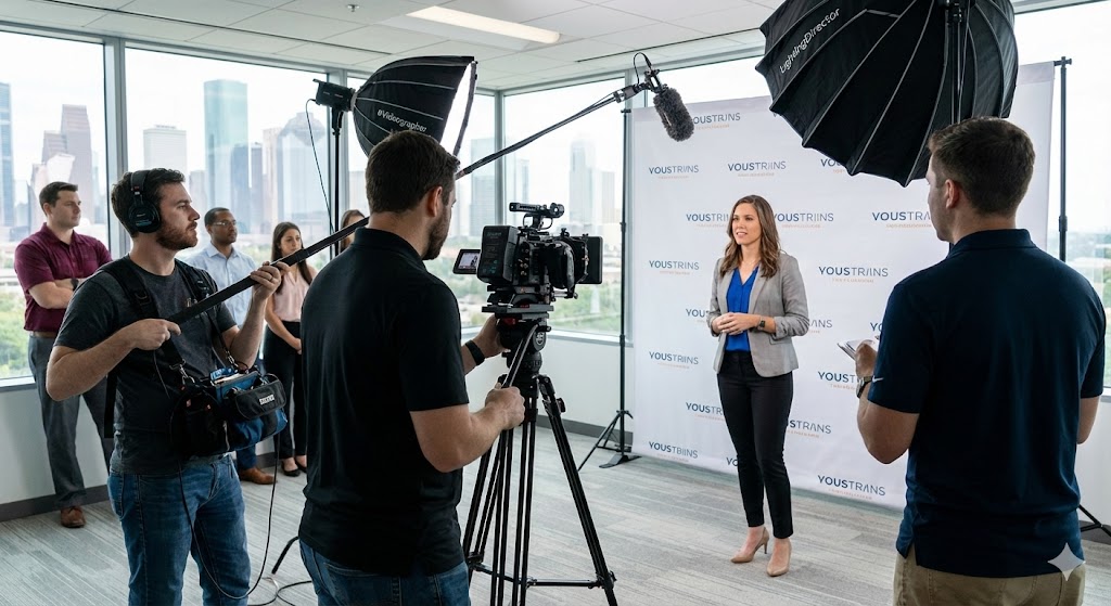 A corporate video production company houston films a professional interview using studio lights and a backdrop in an office.