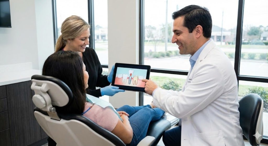 A dentist in a Houston clinic uses a tablet to show an animated explainer video about dental implants to a patient in the chair.