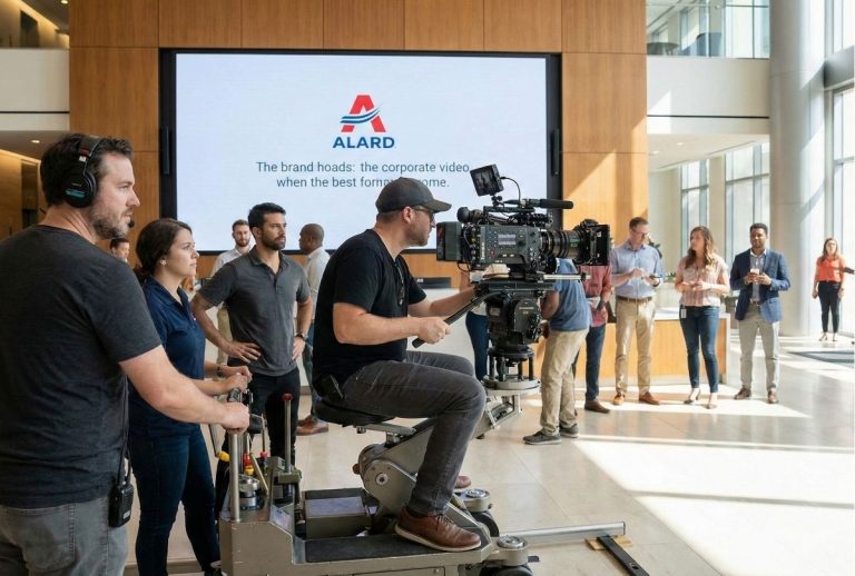 A film crew from a corporate video production agency in Houston films a scene in a modern office lobby, capturing a brand's story.