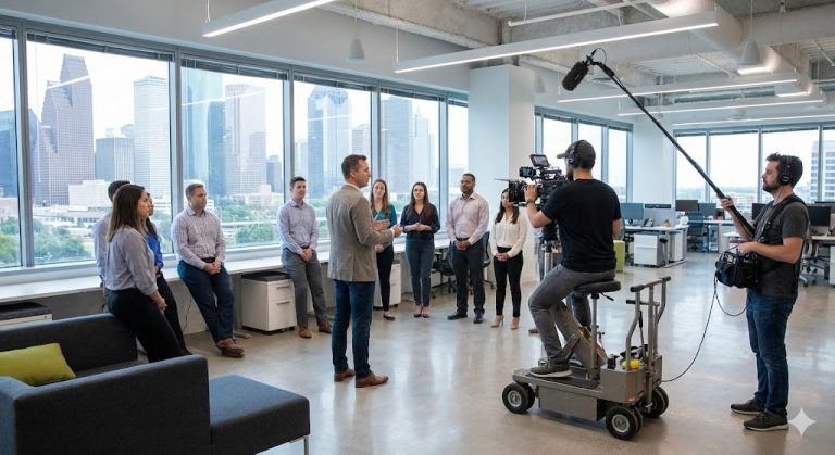 A film crew from a corporate video production company houston records a group presentation in a large high-rise office.