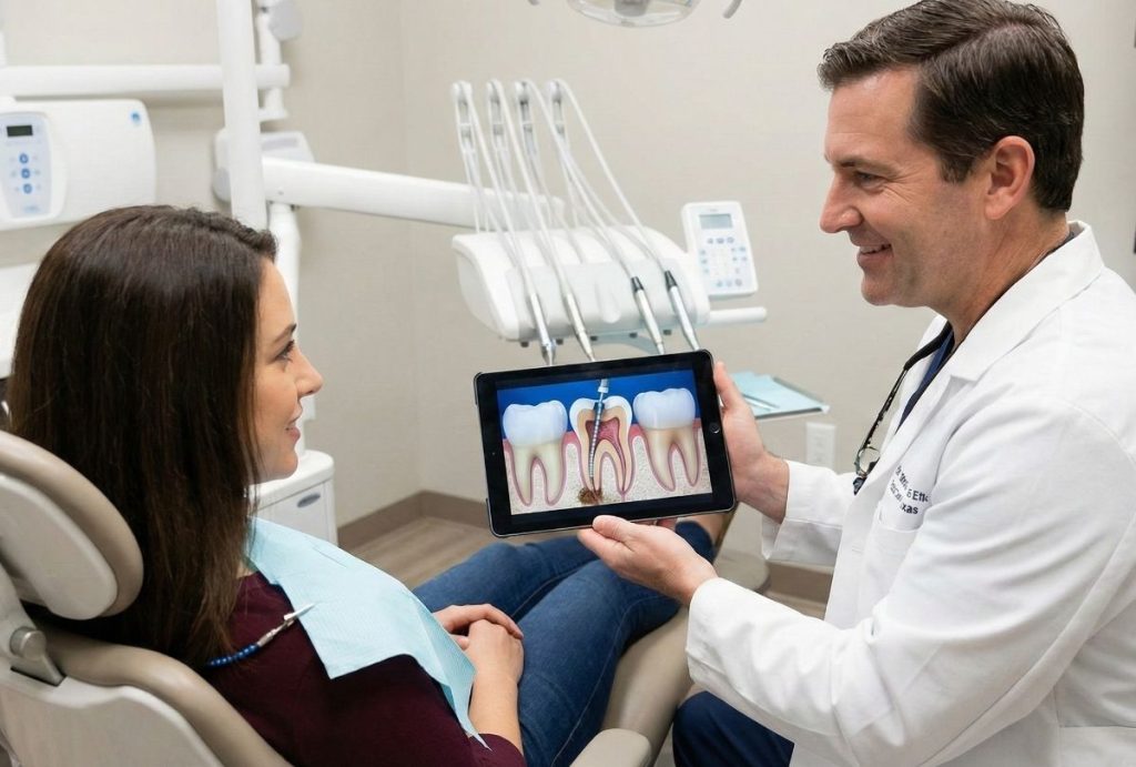 A Houston dentist uses a tablet to show a patient a root canal animation, an example of dental procedure explainer videos Houston.