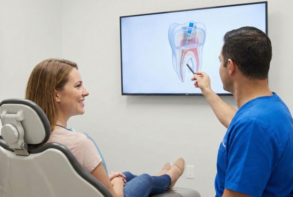 A Houston dentist uses professional dentist explainer video production to show a root canal animation to a patient.