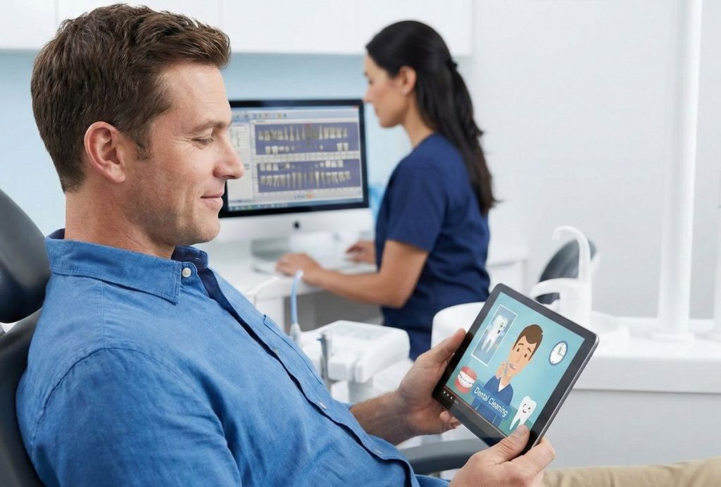 Patient in a dental chair watches a dental cleaning animation on a tablet, showcasing dental procedure explainer videos Houston.
