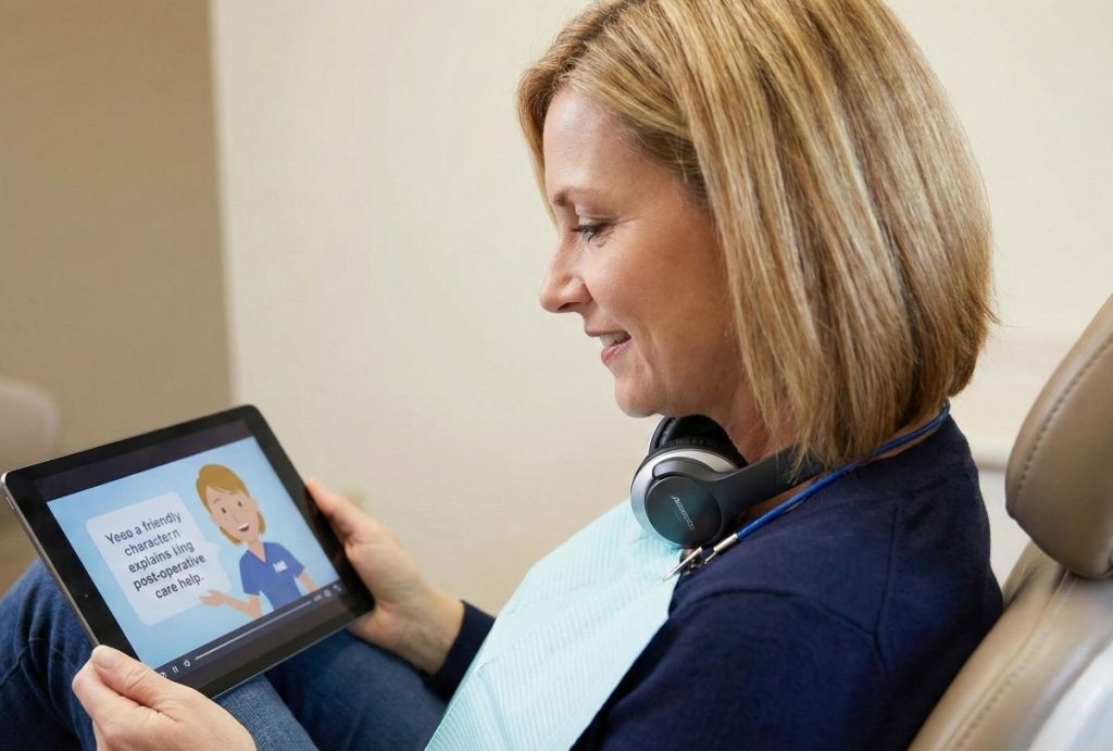 Patient watching a dentist explainer video production Houston on a tablet while wearing headphones in the chair.