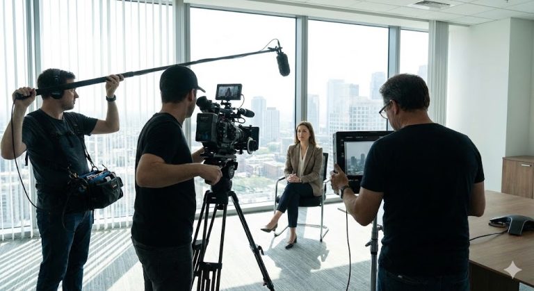 A professional film crew is on location, recording a corporate interview for a commercial video production Houston project in a modern office.