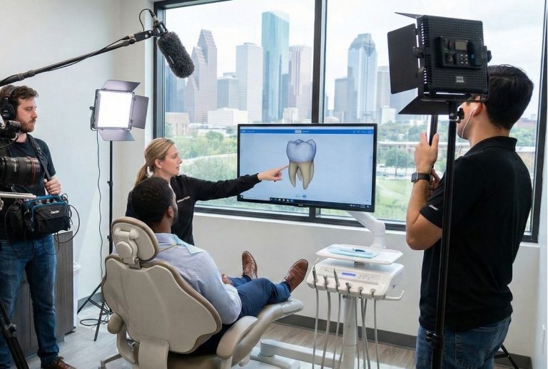 A video crew films a dentist explaining a procedure to a patient for a professional dental procedure explainer video in Houston.