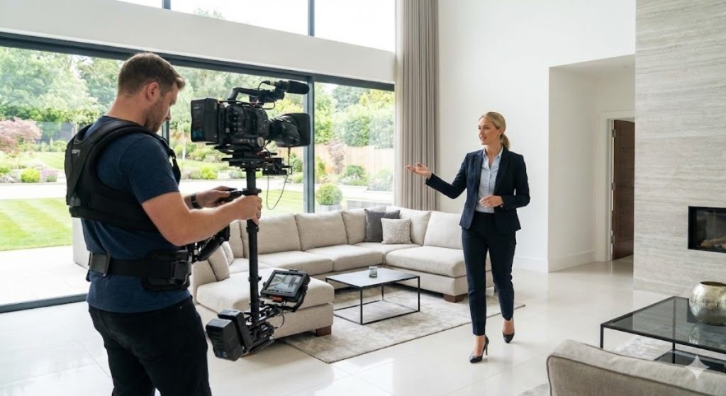 A videographer follows a real estate agent through a luxury home, a popular service in commercial video production Houston.