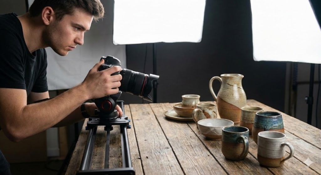 A videographer is filming a product video for a small business, a common type of commercial video production Houston.