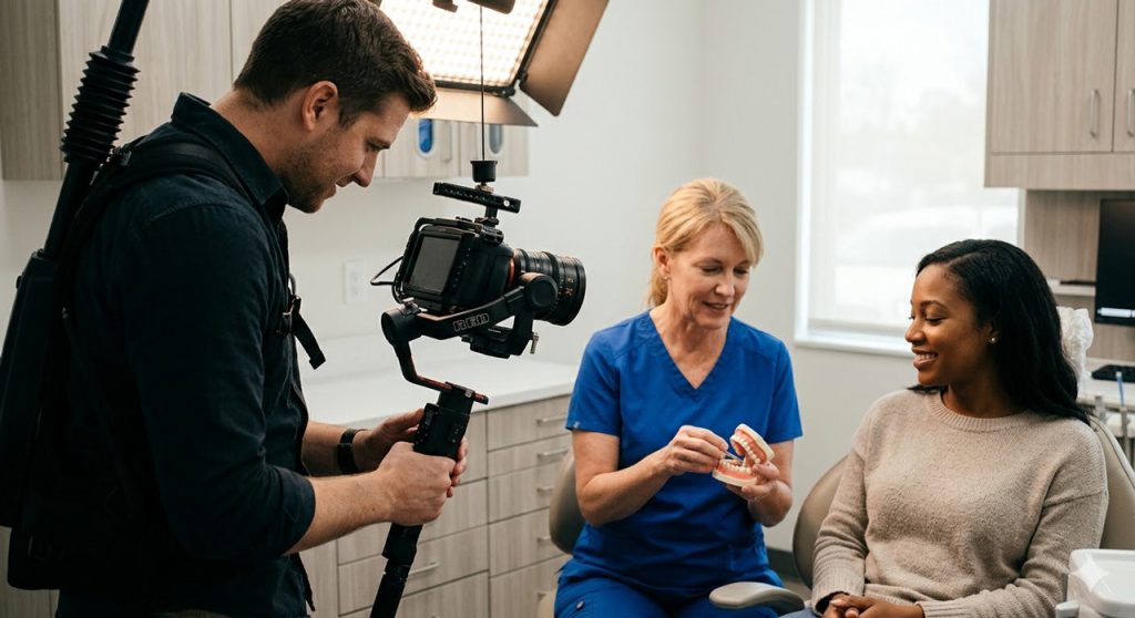 Behind-the-scenes action as a camera operator films a dentist with a patient for a dental video production houston project.