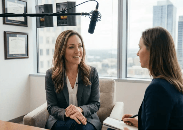 Behind-the-scenes Testimonial Video Production Houston with two women and crew filming a woman in a business chair.