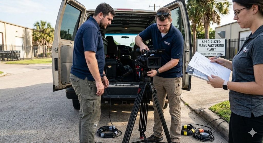 Business video production Houston crew setup camera on tripod outside a manufacturing plant near a work van.