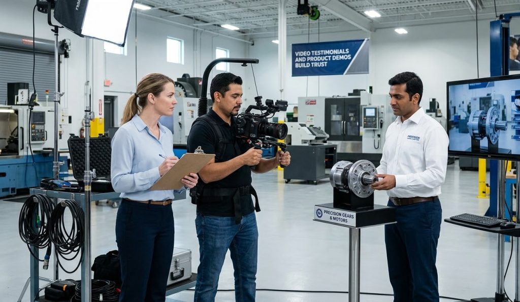 A diverse Houston business video production crew filming a precise product demonstration to improve brand trust and visibility.
