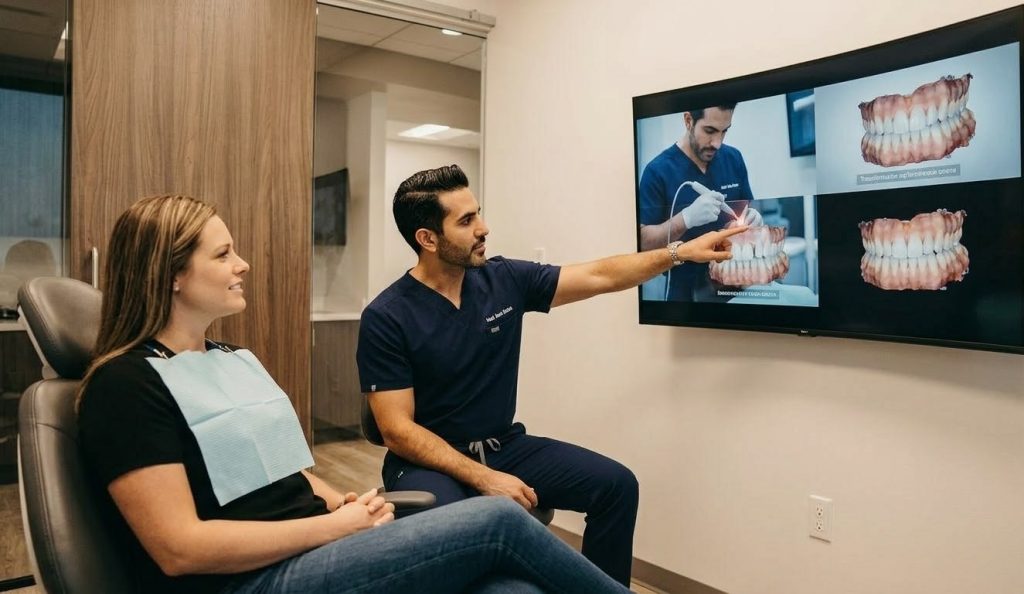 Dentist and satisfied patient in a modern consultation room watch a professionally edited dental video.