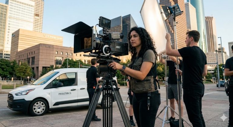 Expert Business video production Houston crew films with an ARRI camera on a tripod on a downtown city street.
