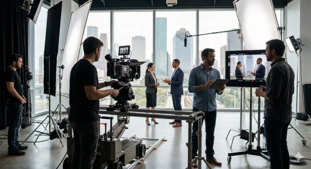 Expert crew from a commercial video production company houston captures a corporate interview in a bright Houston office.
